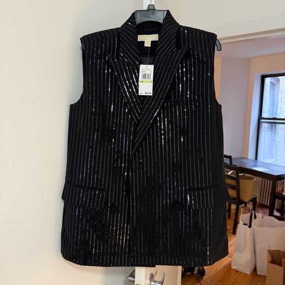 Michael Kors Jackets & Blazers - Michael Kors Black Sequin Pinstripe Double-Breasted Sleeveless Blazer Vest